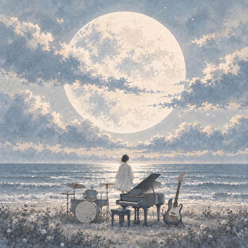 月夜の海と女性の後ろ姿、ピアノ、エレキベース、ドラム。スタジオ スコシナナメのアーティストビジュアル。