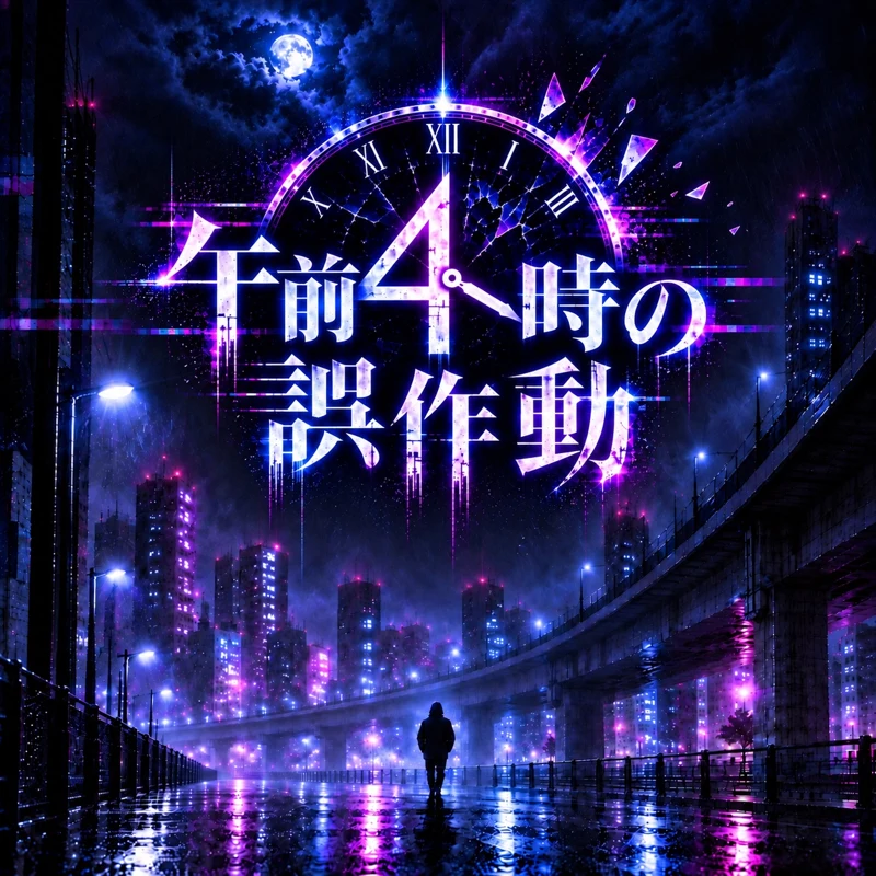 雨の街と午前4時を指す時計。午前4時の誤作動のアーティストビジュアル。