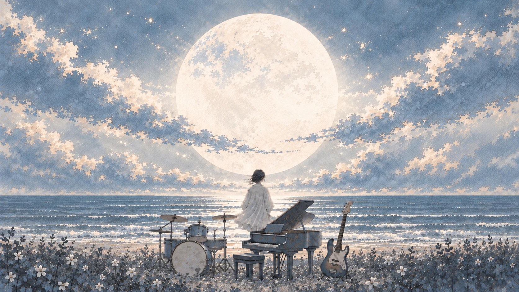 月夜の海とピアノ、エレキベース、ドラム